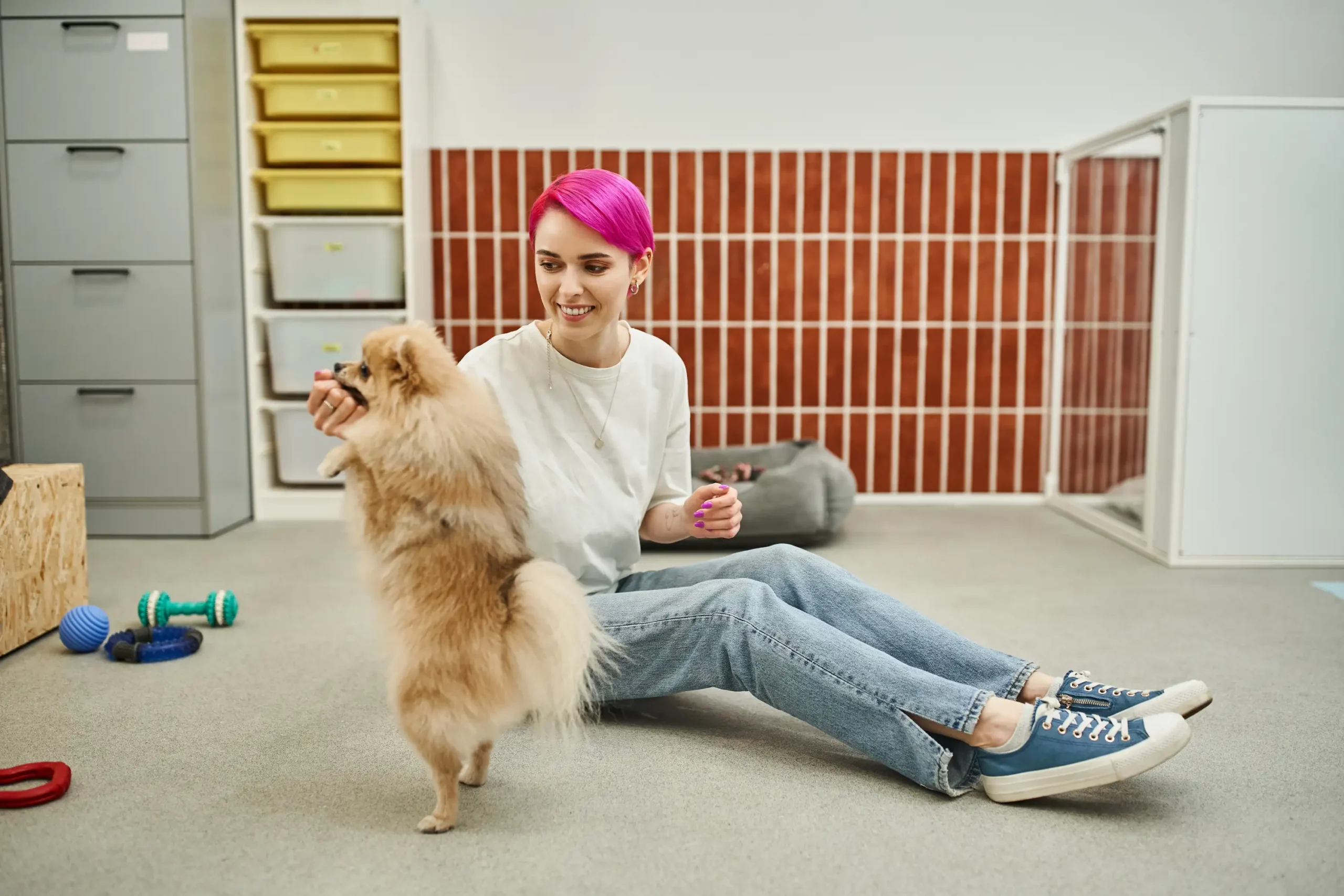 Pet boarding staff playing with a dog in an indoor activity area.