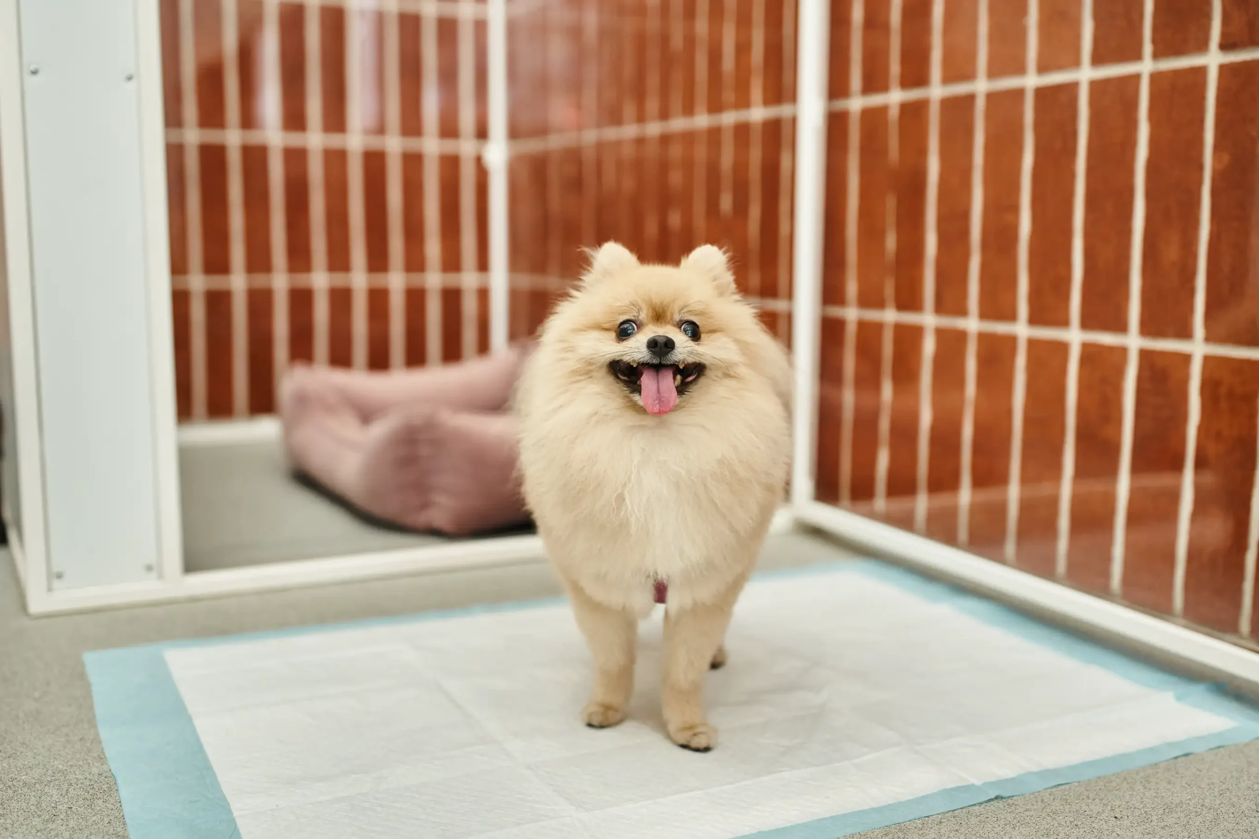 Happy Pomeranian in a clean pet boarding suite with a cozy bed.